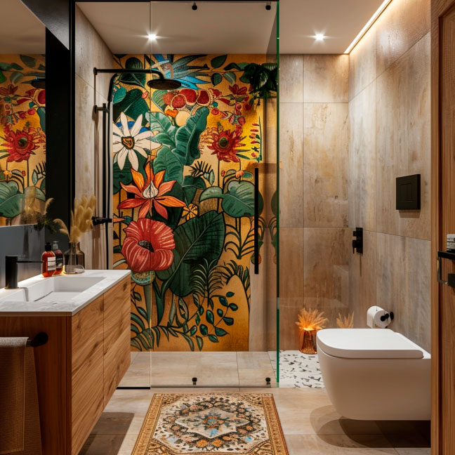 Modernes Badezimmer mit Dusche, buntem exotischen Blumenmuster, Holzdetails und warmem Licht.